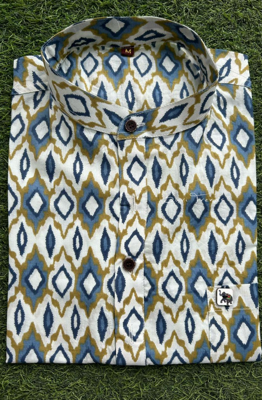 Men's Geometric Printed Half Kurta - White