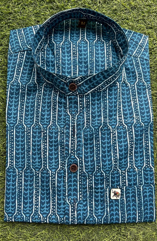 Men's Geometric Printed Half Kurta - Teal