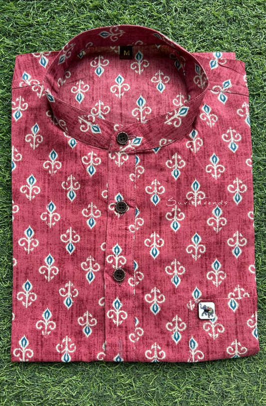 Men's Floral Printed Half Kurta - Red