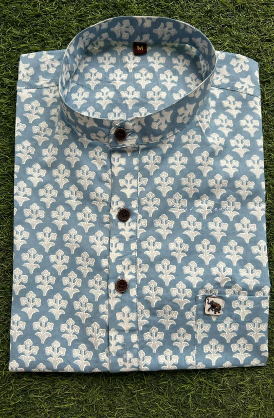 Men's Floral Printed Half Kurta - Navy Blue