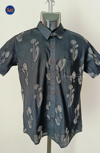 Men's Botanical Print Cotton Shirt - Black