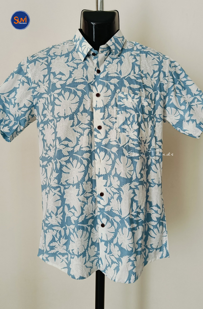 Men's Floral Printed Cotton Shirt - Sky Blue