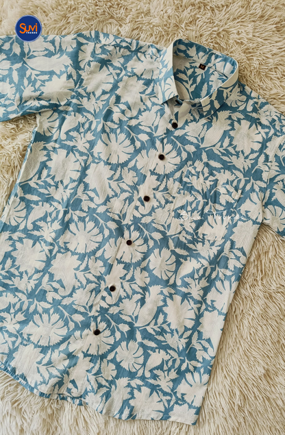 Men's Floral Printed Cotton Shirt - Sky Blue