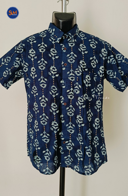 Men's Floral Printed Cotton Shirt - Blue