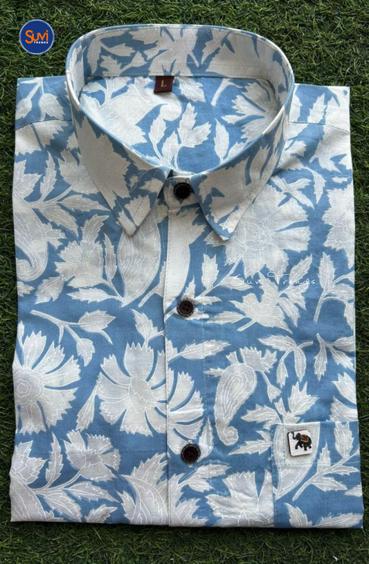 Men's Floral Printed Cotton Shirt - Sky Blue