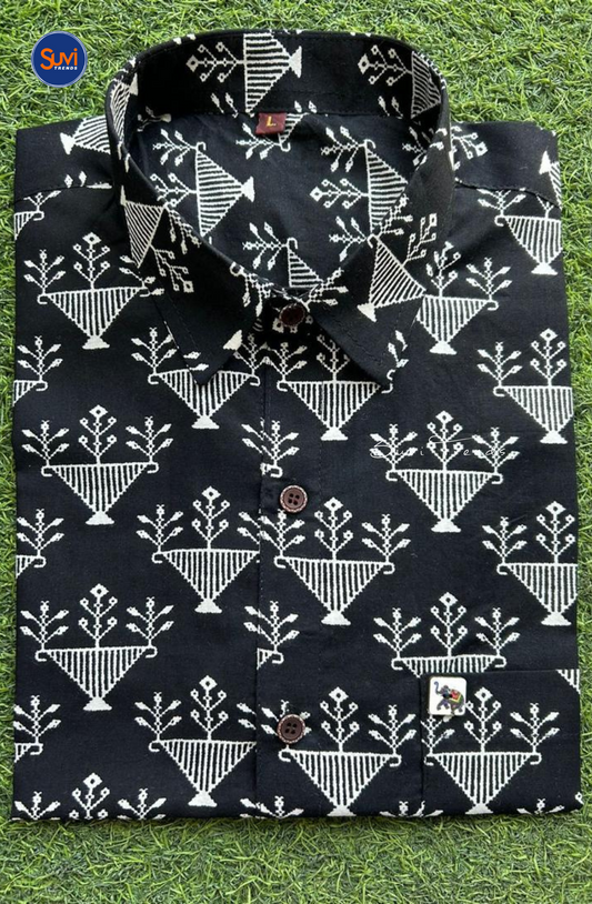 Men's Tribal Printed Cotton Shirt - Black