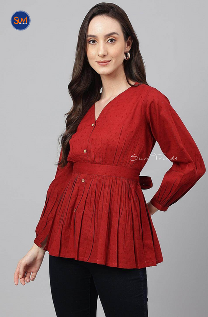 Dobby Cotton Wrap Around Short Top - Red