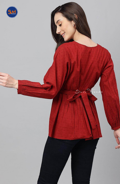 Dobby Cotton Wrap Around Short Top - Red