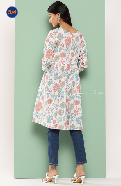 Pure Cotton Botanical Print Gathered Kurti - White