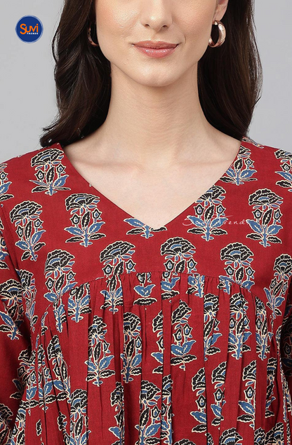 Floral Printed Gathered Short Top - Maroon