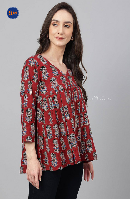 Floral Printed Gathered Short Top - Maroon