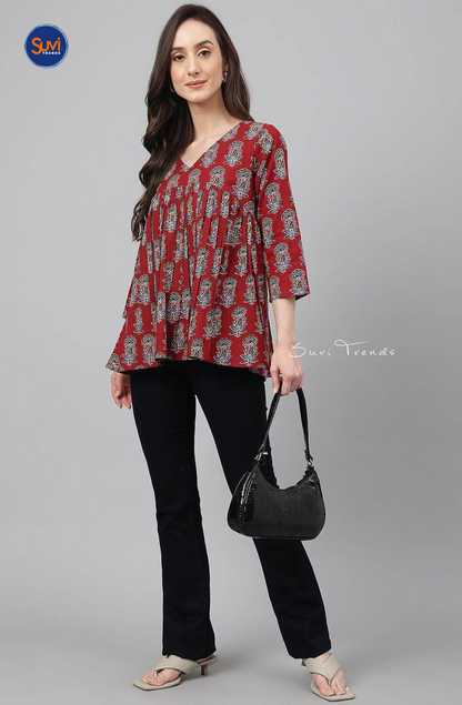 Floral Printed Gathered Short Top - Maroon