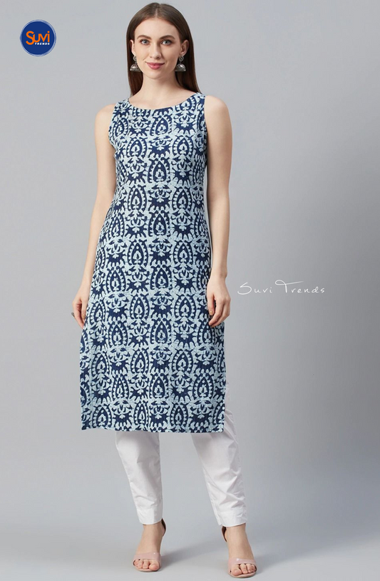 Kantha Cotton Printed Long Kurta - Navy Blue