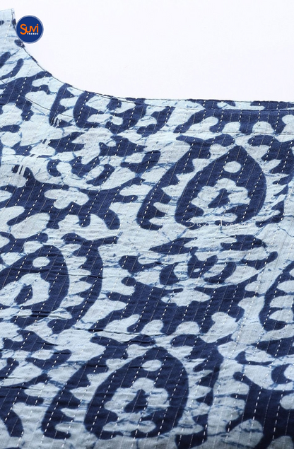 Kantha Cotton Printed Long Kurta - Navy Blue