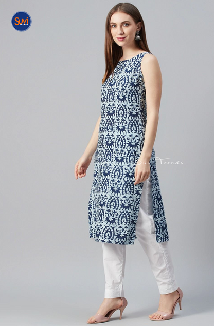 Kantha Cotton Printed Long Kurta - Navy Blue