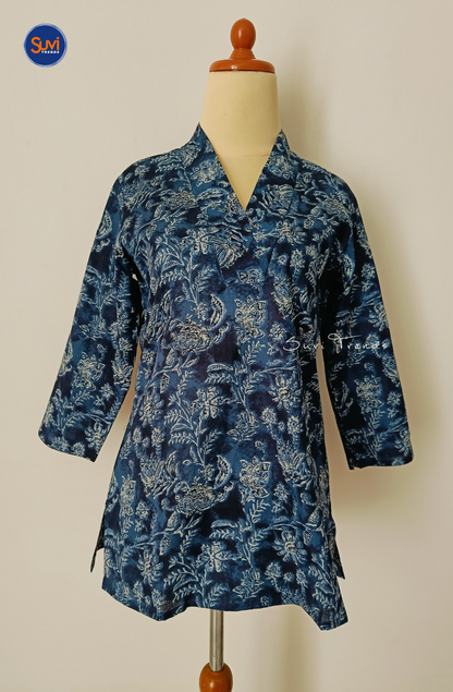 Cotton Printed V Neck Kurti - Blue