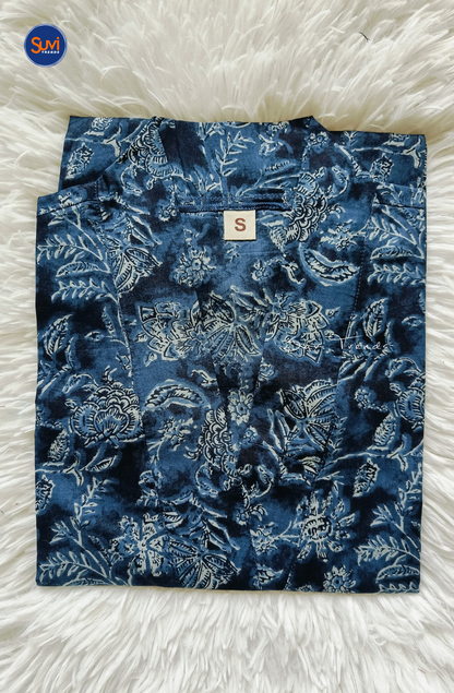 Cotton Printed V Neck Kurti - Blue