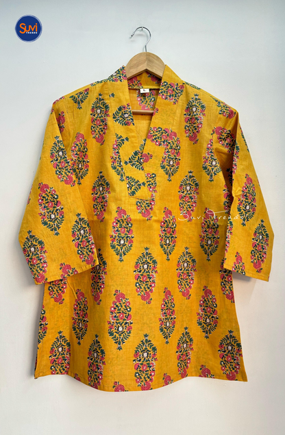 Cotton Floral Printed V Neck Kurti - Yellow