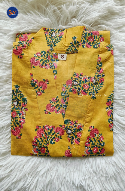 Cotton Floral Printed V Neck Kurti - Yellow