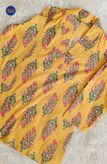 Cotton Floral Printed V Neck Kurti - Yellow