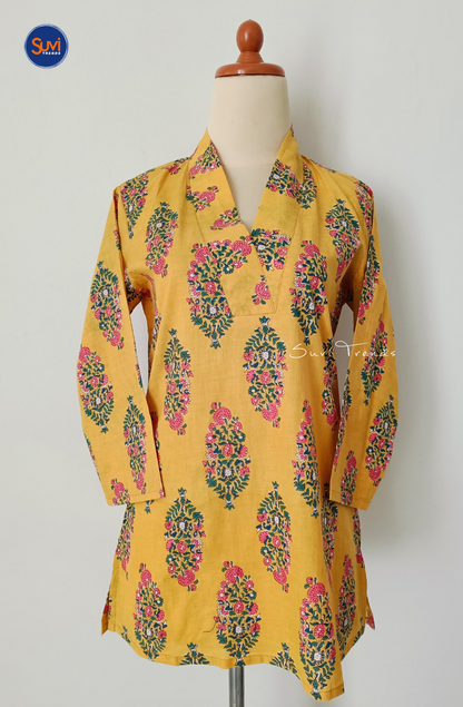 Cotton Floral Printed V Neck Kurti - Yellow