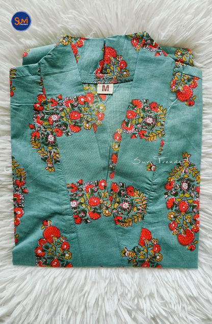 Cotton Printed V Neck Kurti - Turquoise
