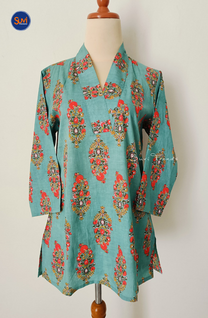 Cotton Printed V Neck Kurti - Turquoise