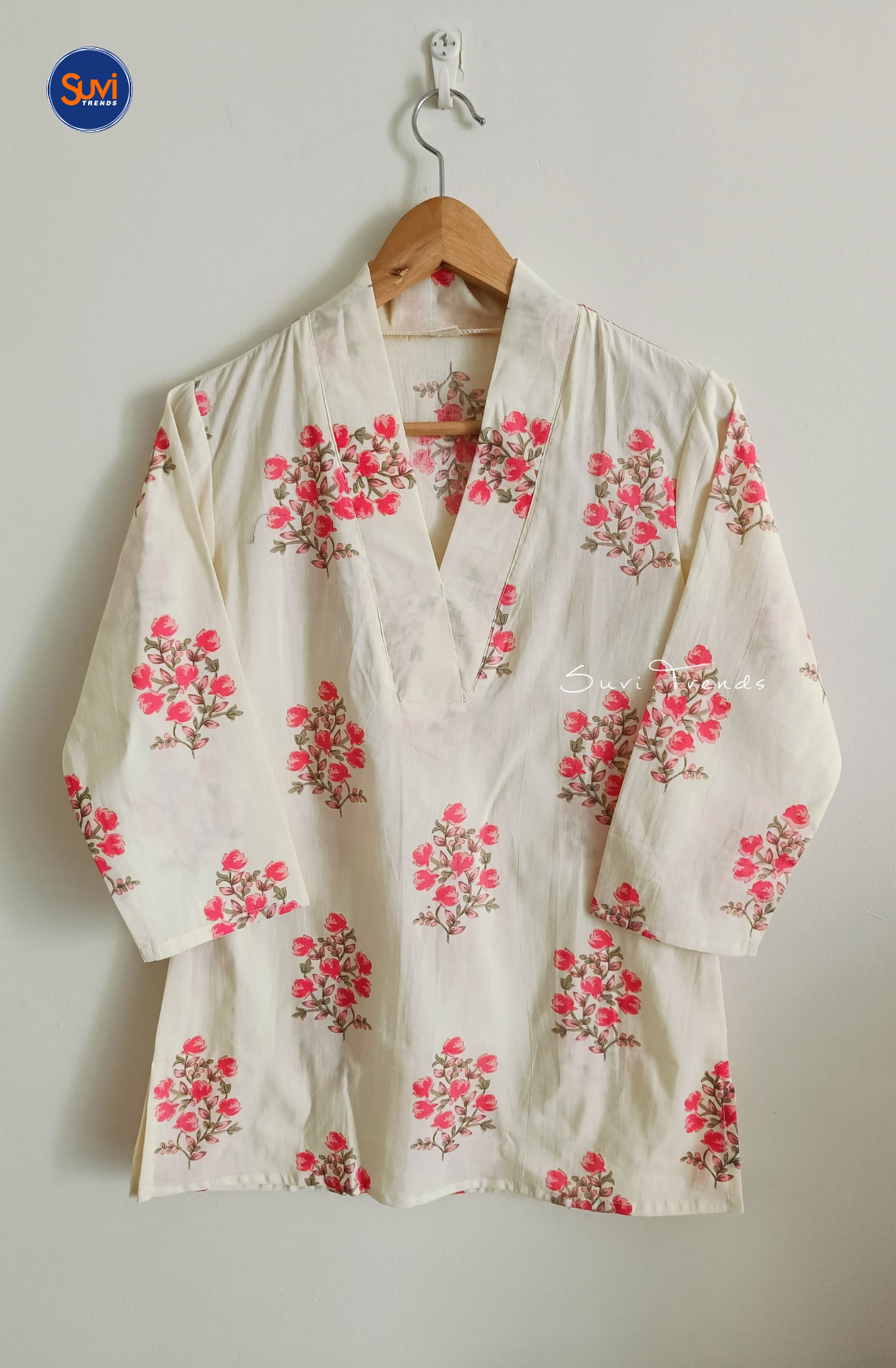 Cotton Floral Printed V Neck Kurti - White