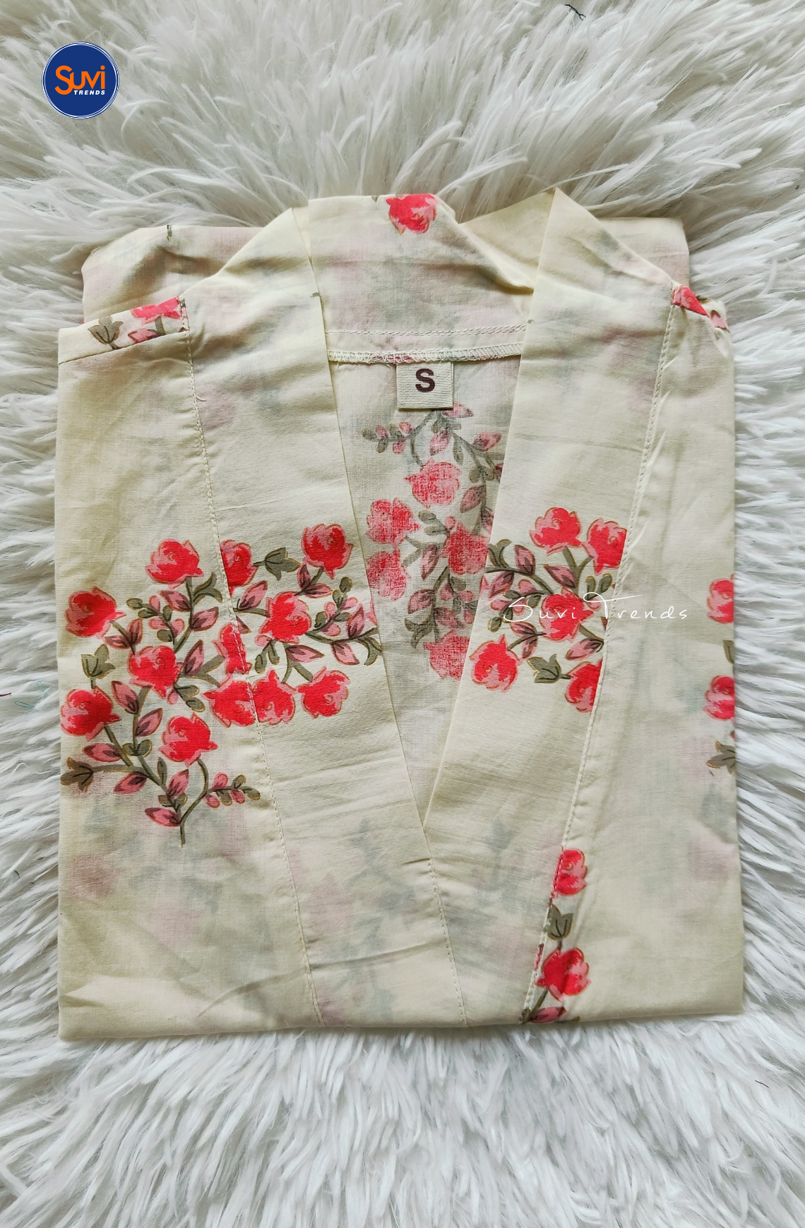 Cotton Floral Printed V Neck Kurti - White