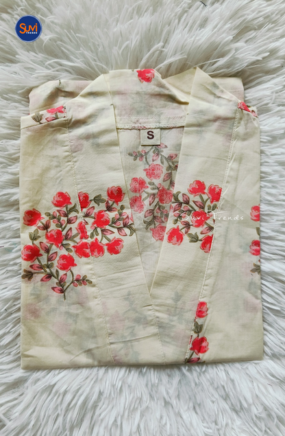 Cotton Floral Printed V Neck Kurti - White