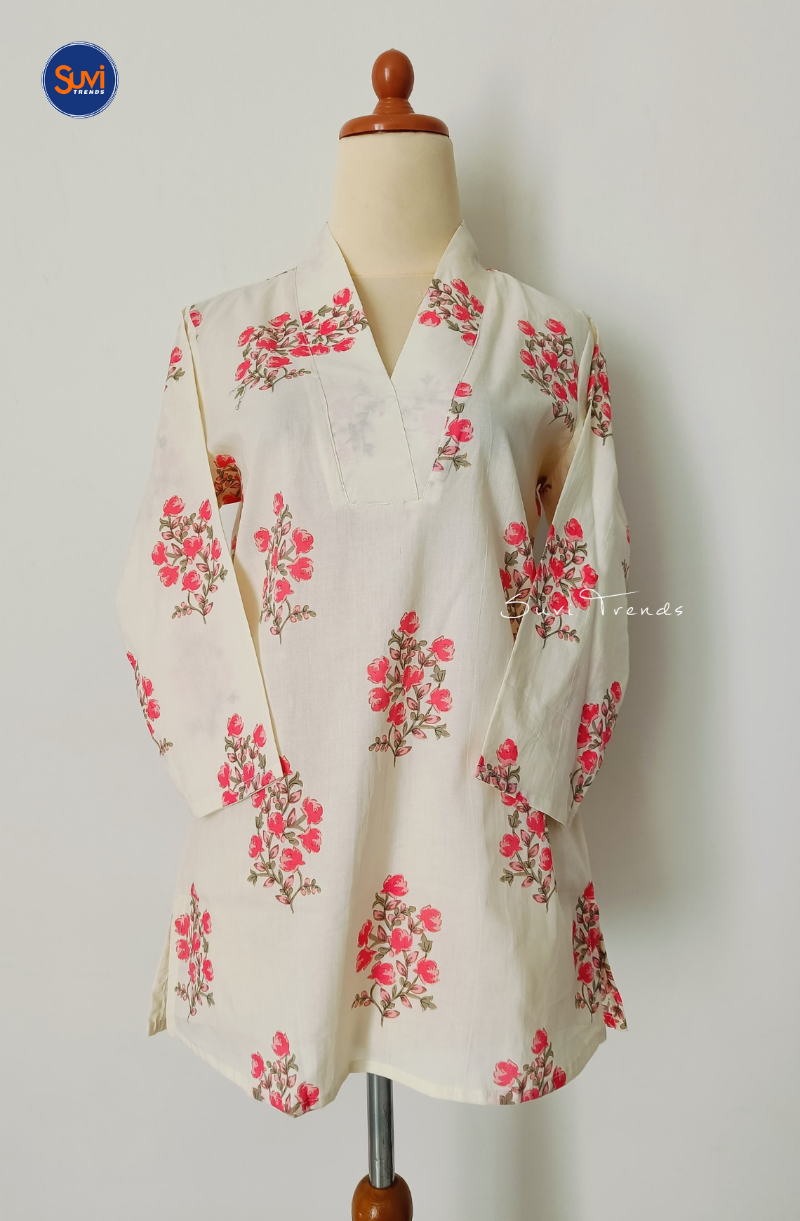 Cotton Floral Printed V Neck Kurti - White
