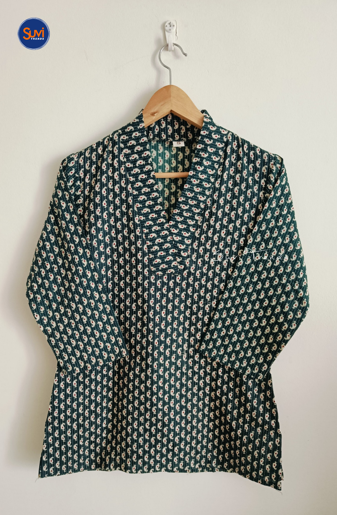Cotton Printed V Neck Kurti - Dark Green