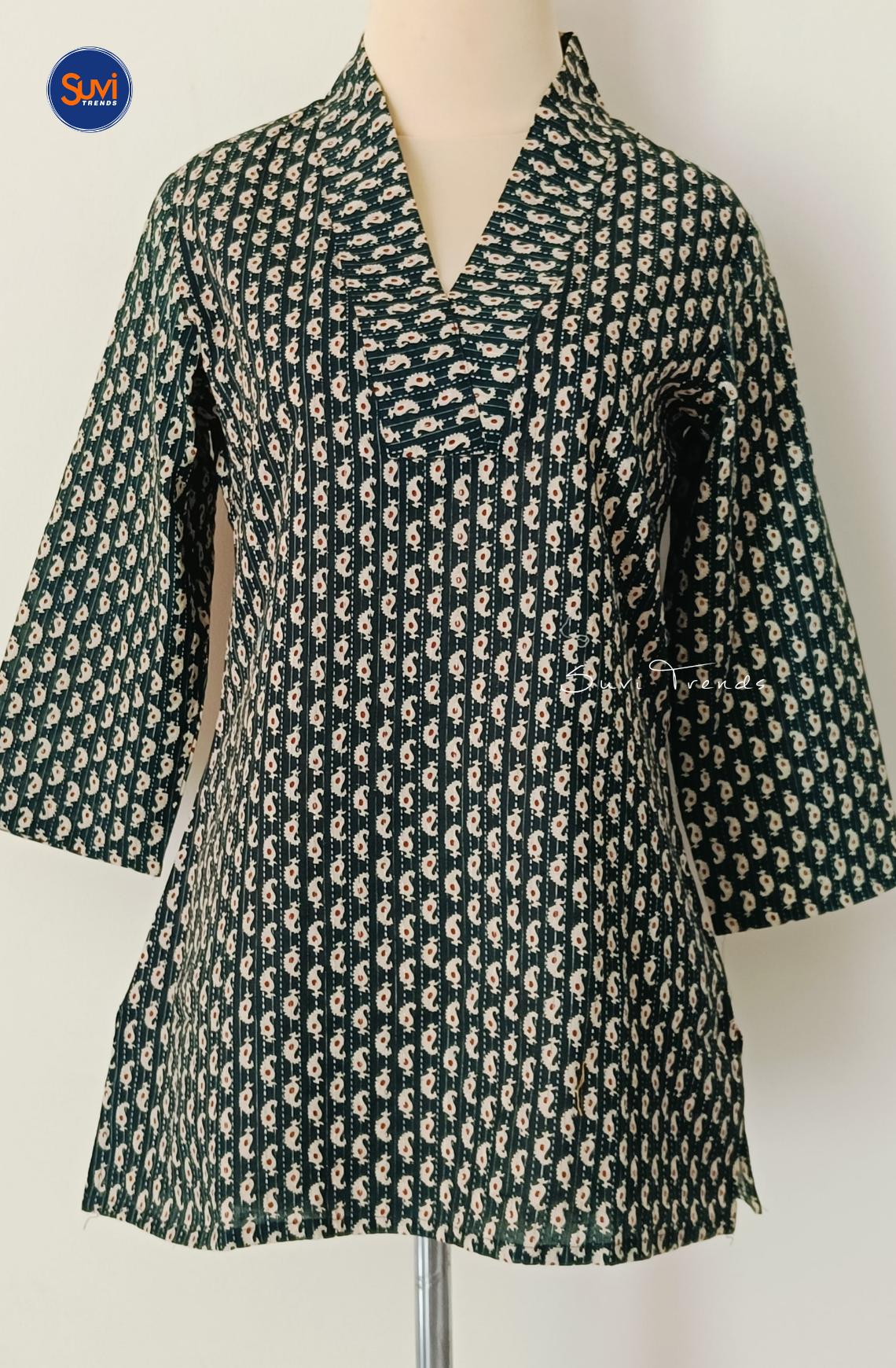 Cotton Printed V Neck Kurti - Dark Green