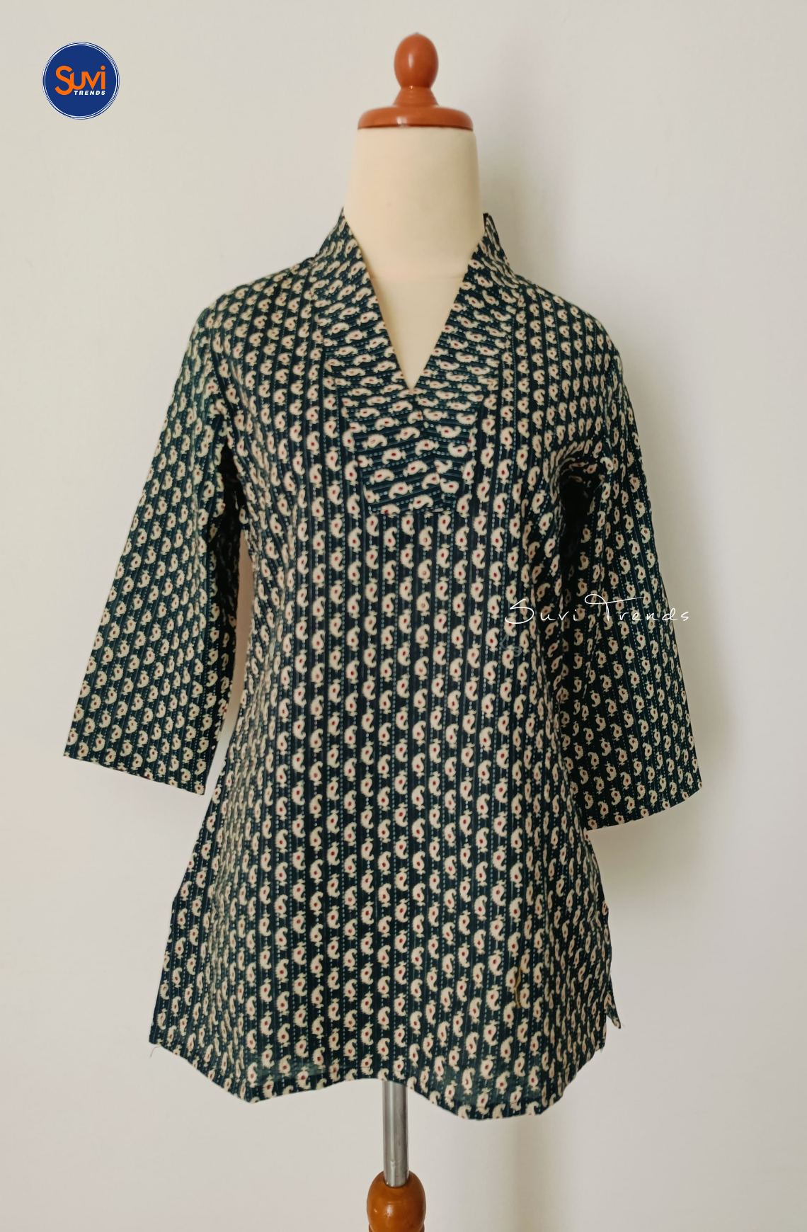 Cotton Printed V Neck Kurti - Dark Green