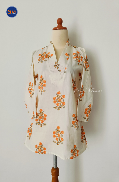 Cotton Floral Printed V Neck Kurti - White