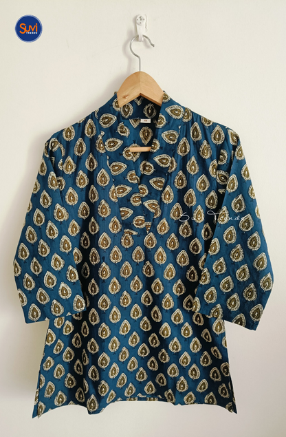 Cotton Printed V Neck Kurti - Navy Blue