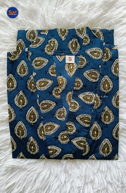 Cotton Printed V Neck Kurti - Navy Blue