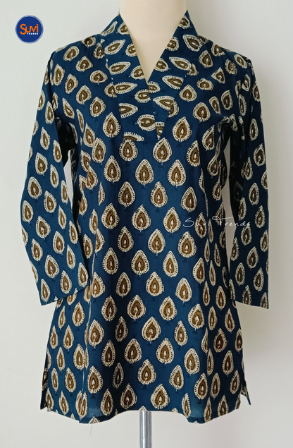 Cotton Printed V Neck Kurti - Navy Blue