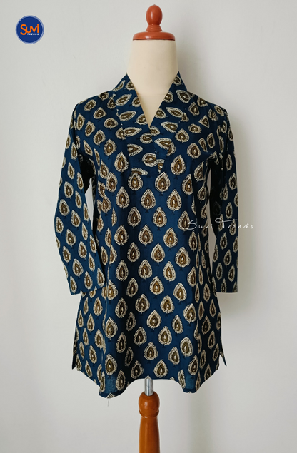 Cotton Printed V Neck Kurti - Navy Blue