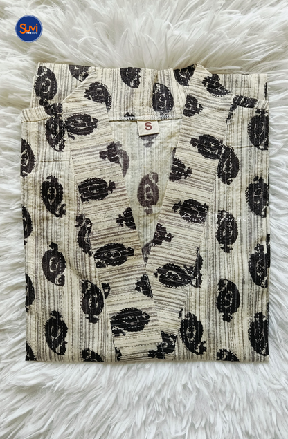 Cotton Printed V Neck Kurti - Off White