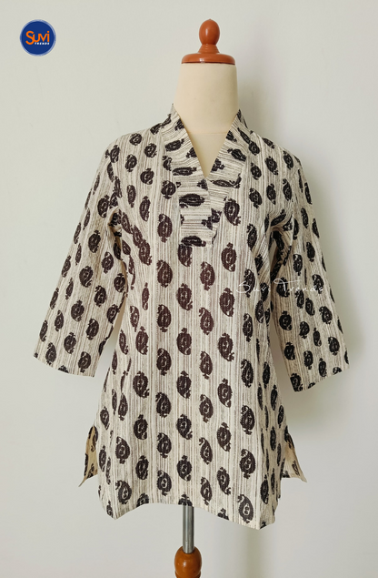 Cotton Printed V Neck Kurti - Off White