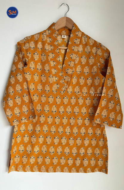 Cotton Printed V Neck Kurti - Yellow