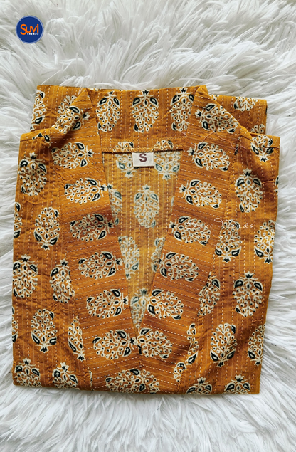 Cotton Printed V Neck Kurti - Yellow