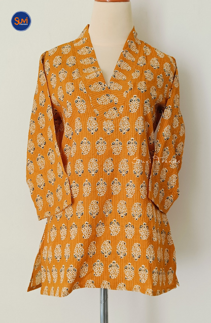 Cotton Printed V Neck Kurti - Yellow