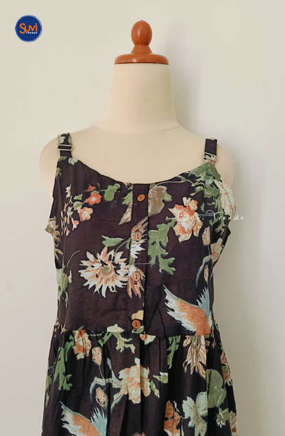 Cotton Printed Sleeveless Long Dress - Black