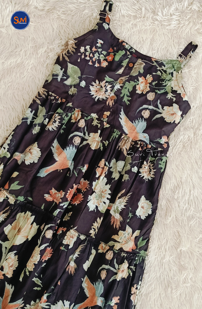 Cotton Printed Sleeveless Long Dress - Black
