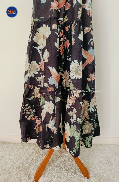 Cotton Printed Sleeveless Long Dress - Black