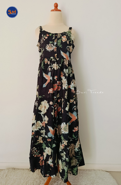 Cotton Printed Sleeveless Long Dress - Black