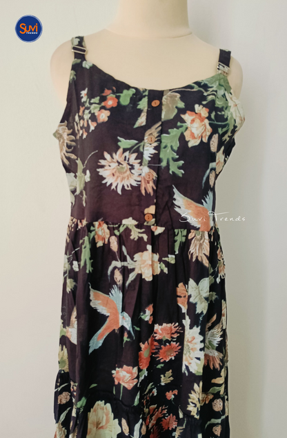 Cotton Printed Sleeveless Long Dress - Black