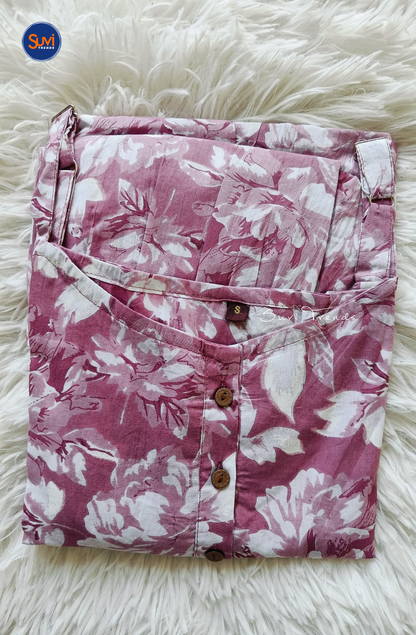 Floral Printed Cotton Long Dress - Pink